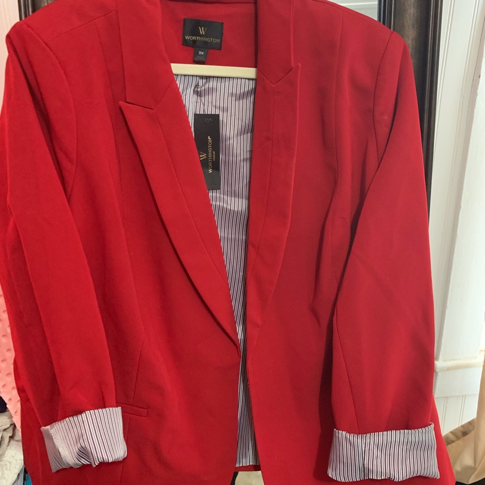 Red blazer with pinstripe lining